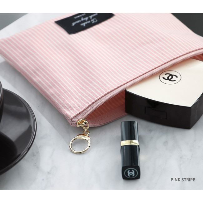 Pink stripe - ICONIC Plain cotton flat zipper medium pouch with ring