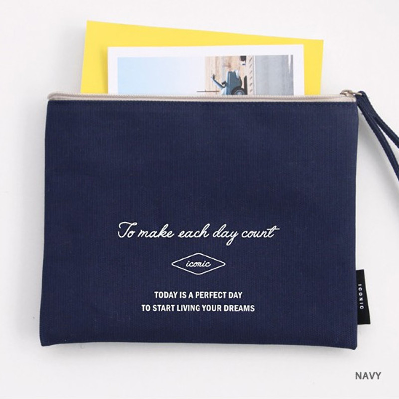 Navy - ICONIC Plain cotton flat zipper large pouch with strap