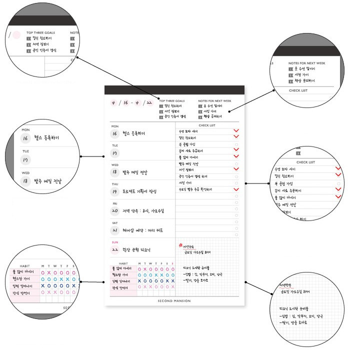 Detail of A5 weekly notepad planner
