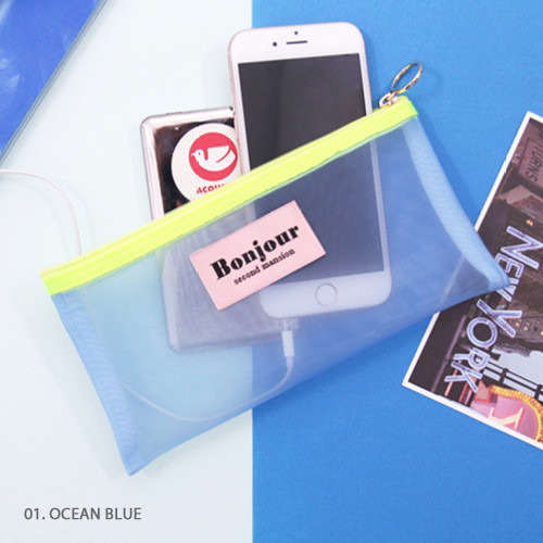 01. Ocean blue - Second Mansion Bonjour slim mesh zipper flat pouch