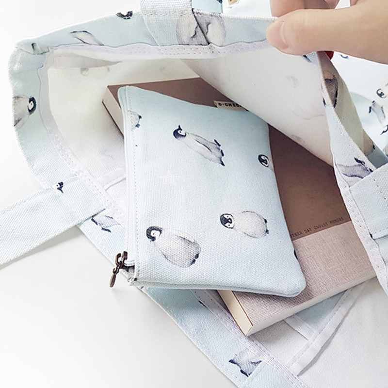 Penguin - O-check Pattern small cotton flat zipper pouch