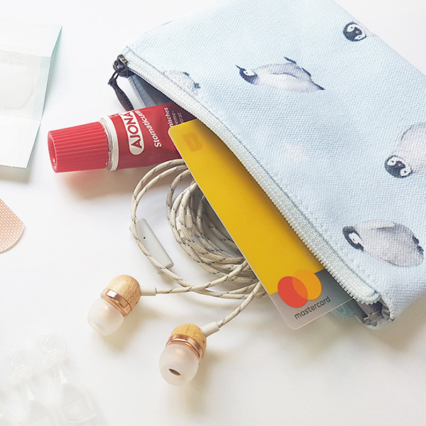 Penguin - O-check Pattern small cotton flat zipper pouch