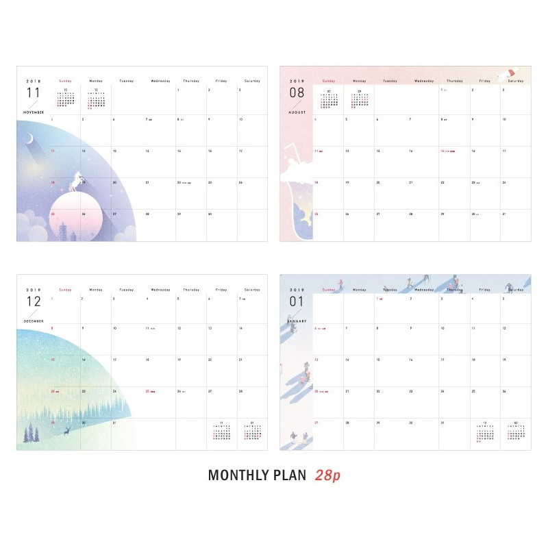Monthly plan - ICONIC 2019 Lively illustration dated monthly diary planner