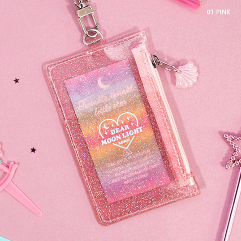 Pink - Dear moonlight twinkle zipper card case with neck strap Pink - Dear moonlight twinkle zipper card case with neck strap