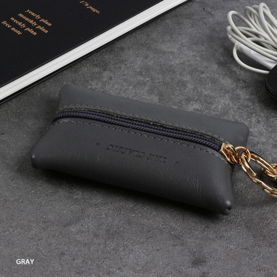 Gray - Classic cowhide leather small zipper pocket with key ring