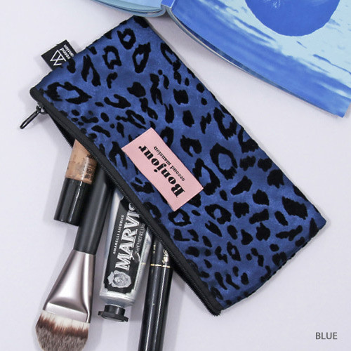 Blue - Second Mansion Bonjour leopard zipper pencil pen case pouch