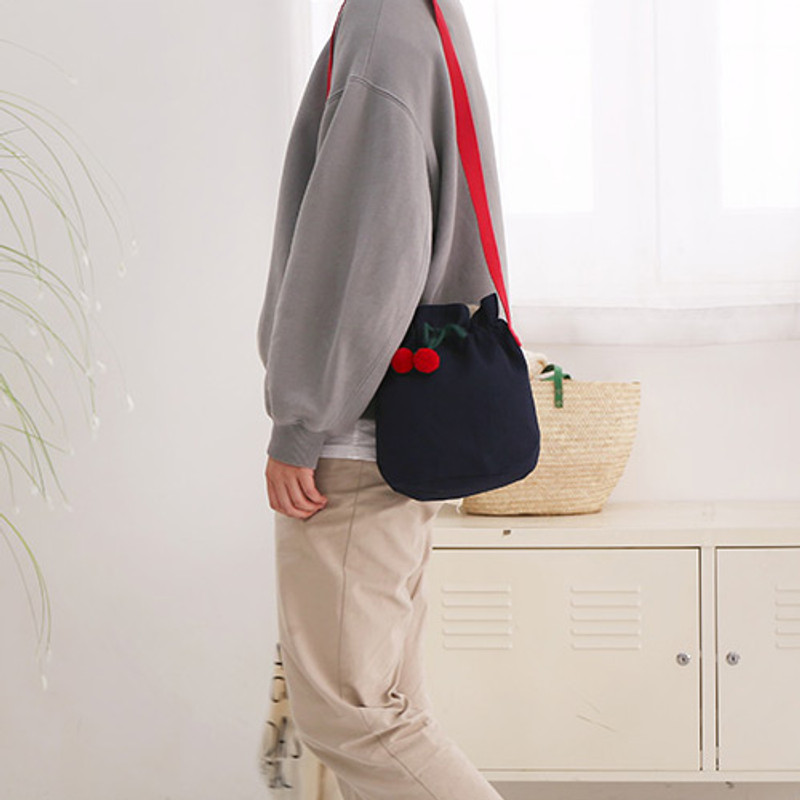 Navy - ROMANE Cherry cotton crossbody bucket bag