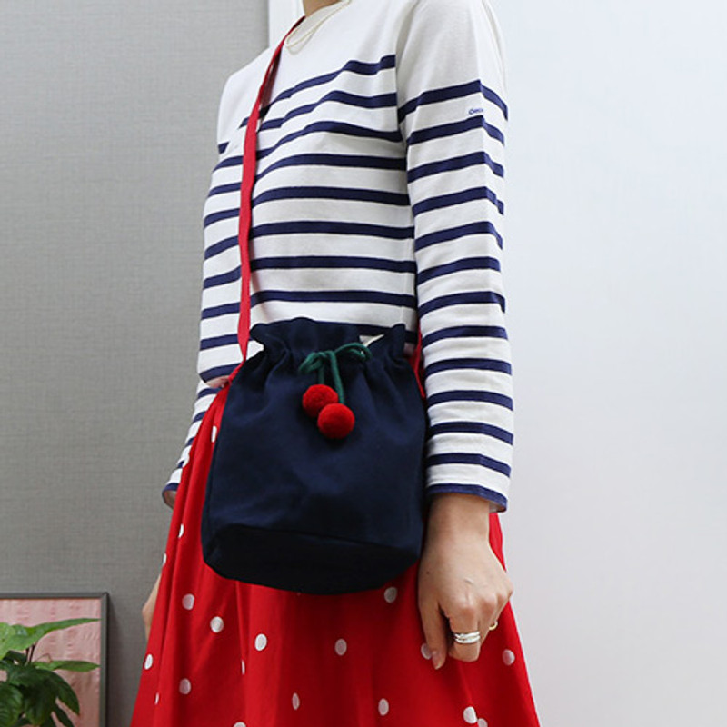 Navy - ROMANE Cherry cotton crossbody bucket bag