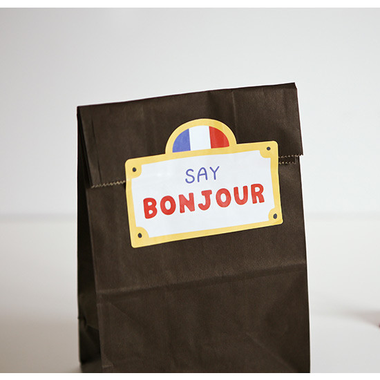 Example of use- Bonjour cat PVC luggage deco sticker pack with zip pouch