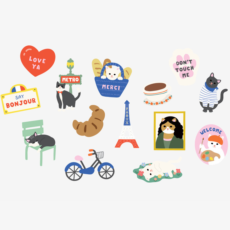 Dailylike Bonjour cat PVC luggage deco sticker pack with zip pouch