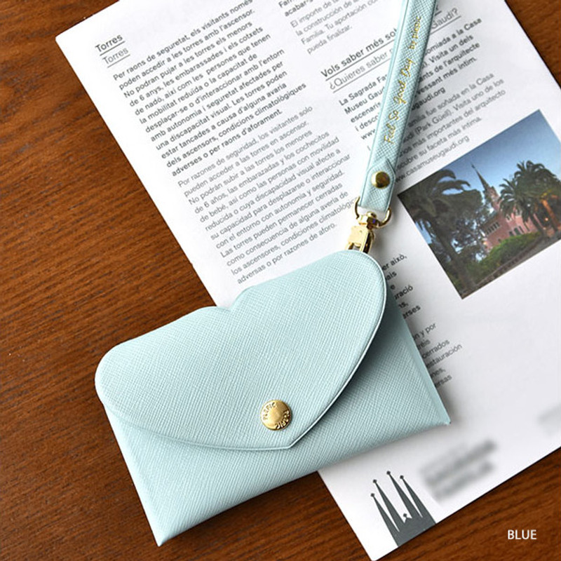 Blue - Play Obje Lovely heart pocket card case holder with strap 
