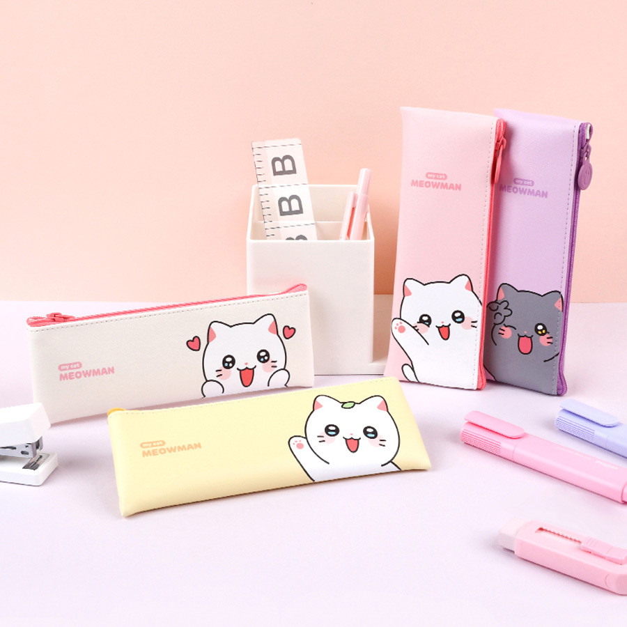 Meow Man Cute Cat PVC Flat Pencil Case