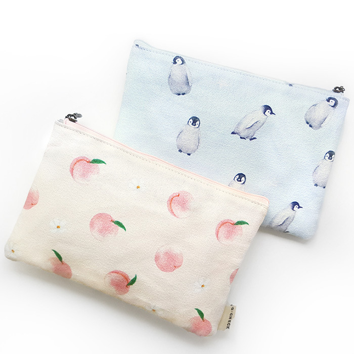 O-check Pattern medium cotton flat zipper pouch