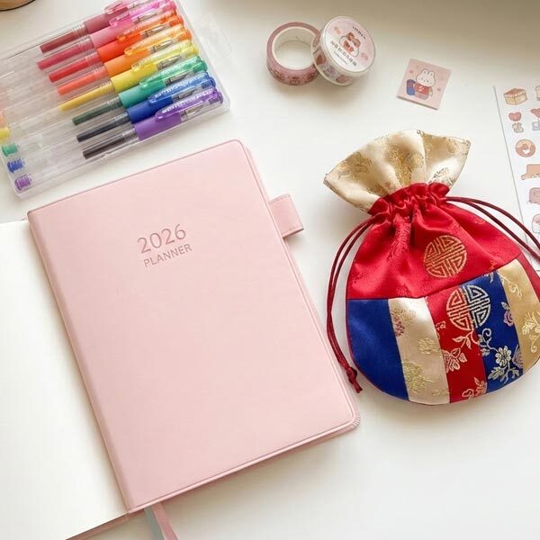Flat lay photography of a pastel pink 2026 planner, colorful gel pens, and a traditional Korean lucky bag (Bokjumeoni) on a white desk.