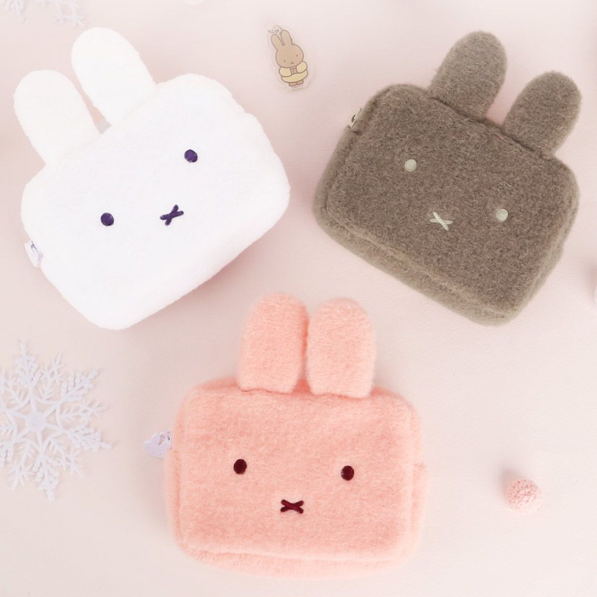 Fluffy Miffy Face Pouch 3D Ears | Soft Bunny Cosmetic Bag