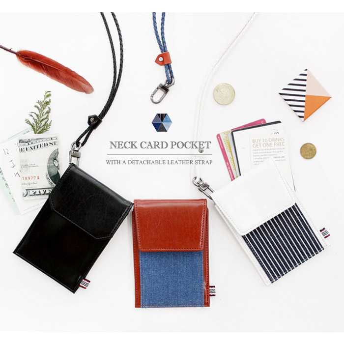 Indigo The basic M denim card case holder with neck strap