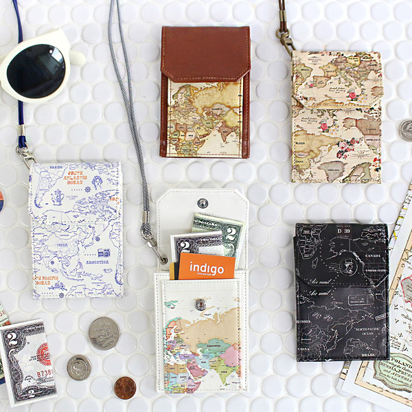 Indigo World map pocket card case holder with neck strap