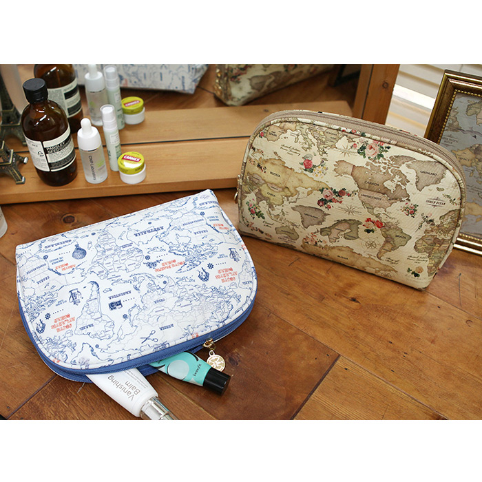 Indigo World map pattern round big pouch