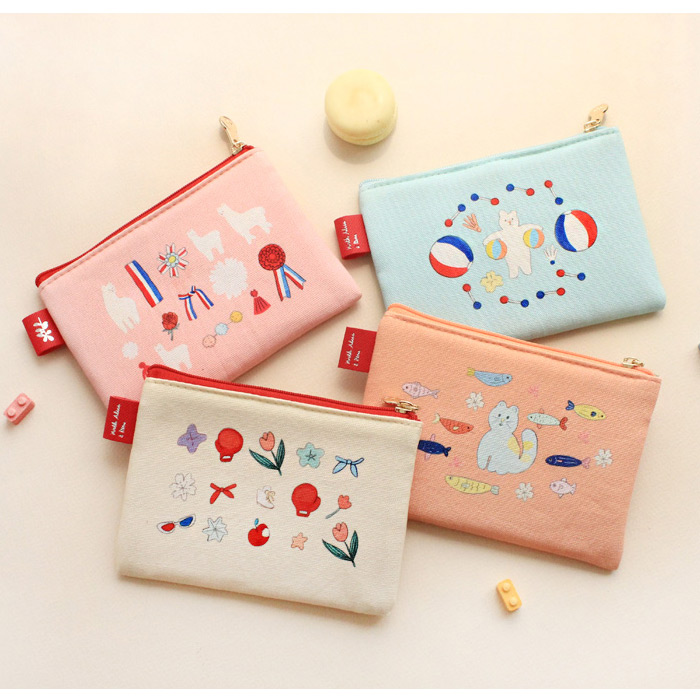 With Alice Rim pattern cotton slim zipper pouch (Small)