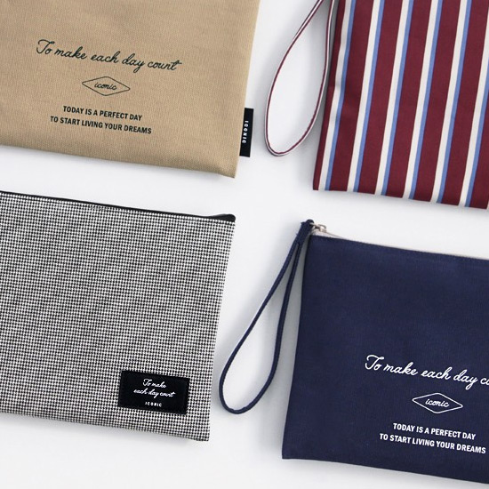 Plain cotton flat zipper large pouch with strap