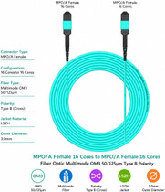 20m/65.6ft MPO/A Female to Female OM3 Multimode Fiber Cable, 16 Core, 50/125μm, Type B Polarity