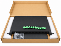 Shop 12 Port SC/APC Single Mode Fiber Patch Panel with 12 green SC/APC simplex adapters. 1U 19" rack mount enclosure for secure fiber optic connections.