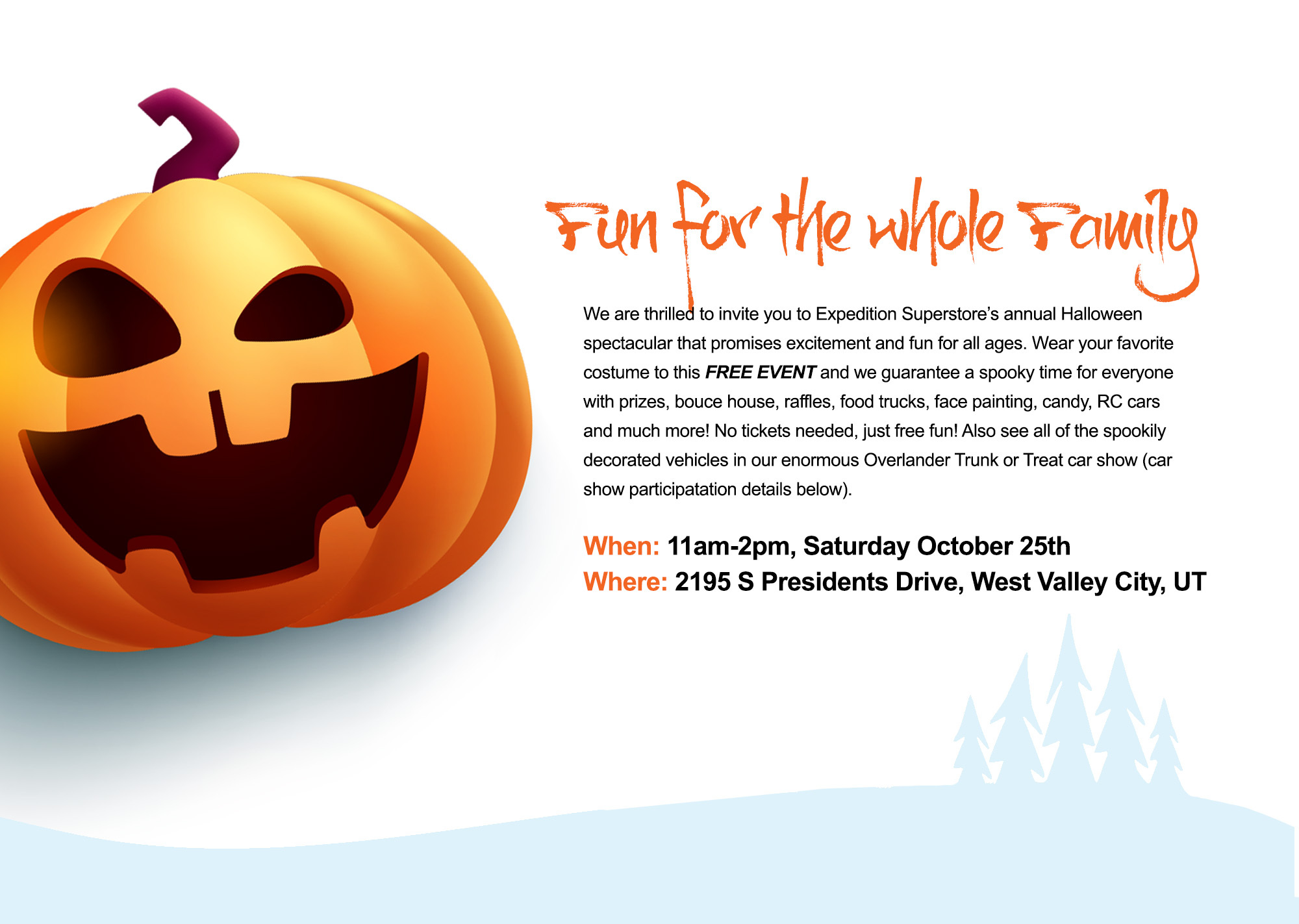 Fun for the Whole Family at Expedition Superstore Trunk or Treat 2025 with prizes, bounce house, face painting, food trucks, candy, RC cars and free admission in West Valley City