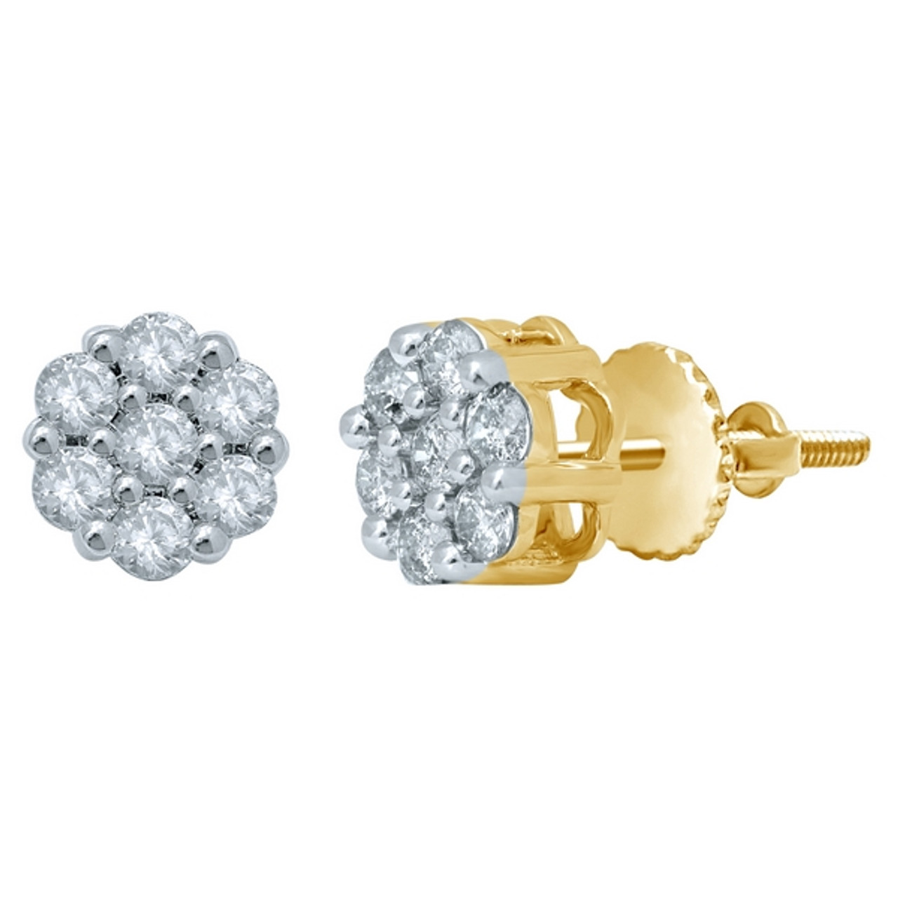 1 Carat Pave Diamond Stud Earrings 10K Yellow Gold Cube Shape