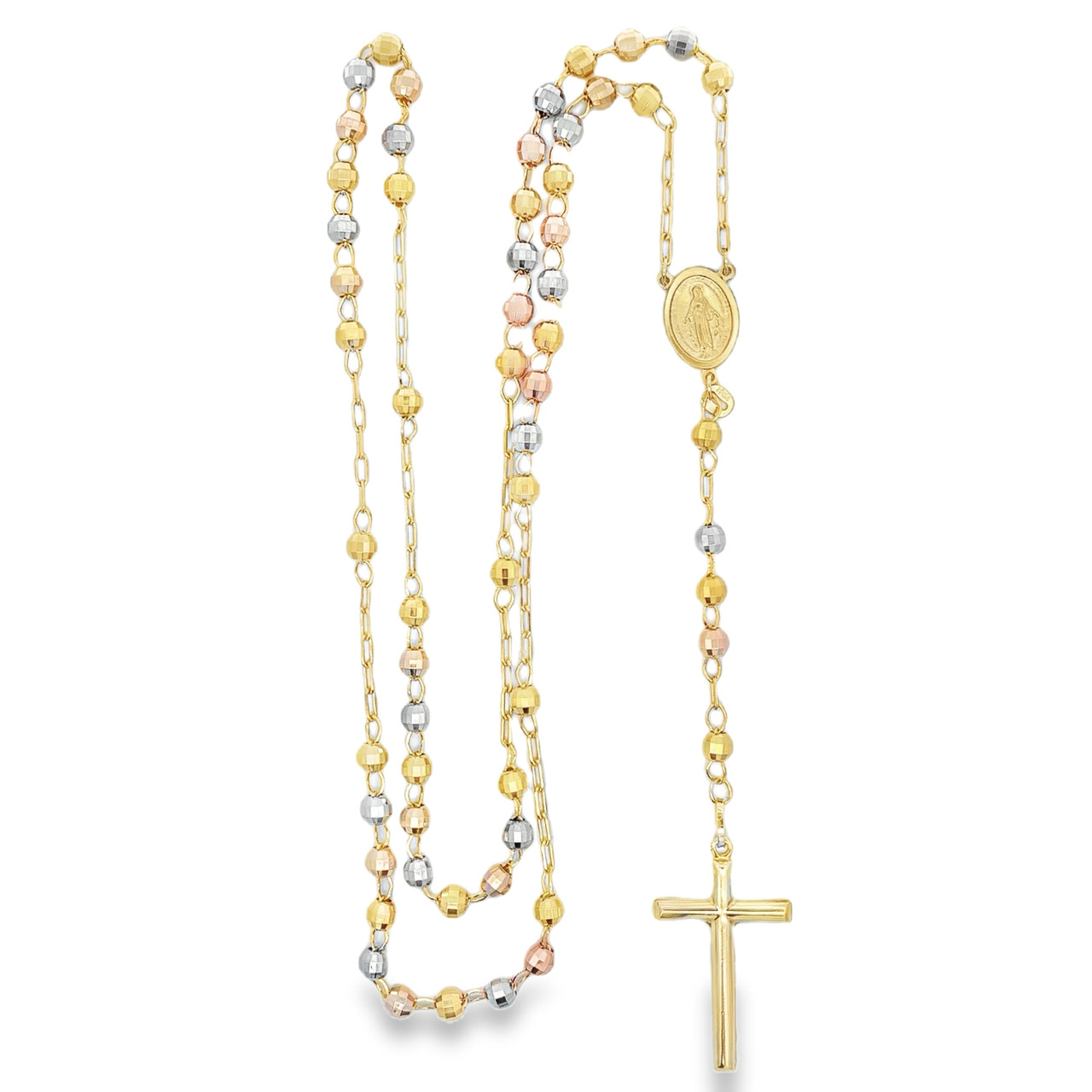 10kt Big Tricolor Rosary with Cross Necklace - Manhattan Jewelers