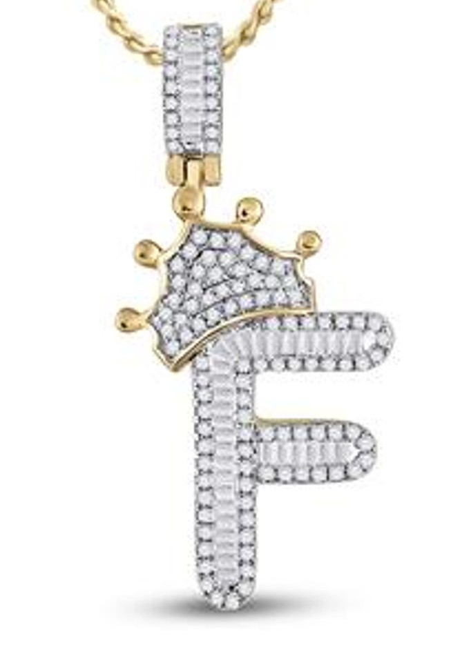 10K Yellow Gold Baguette Crown Real Diamond Custom Letter Pendant