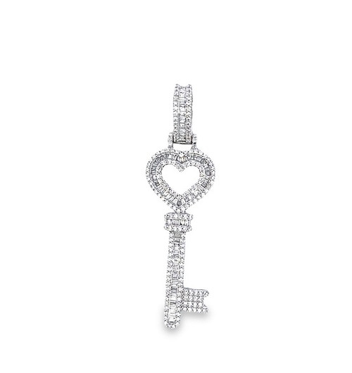 10kt White Gold Baguette Diamond Key with Heart Charm 1.40ct