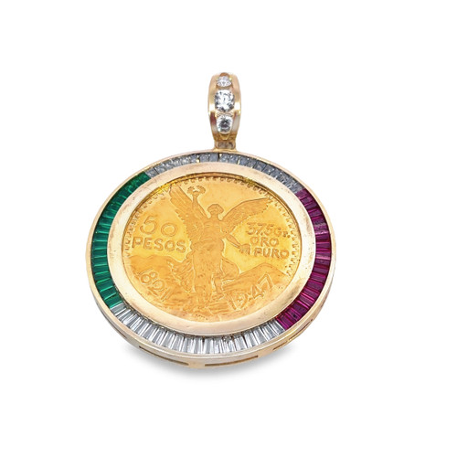 14K Yellow Gold Centenario 50 pesos coin with sapphire bezel pendant