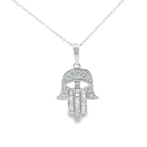 10kt White Gold Baguette Diamond Hamsa Hand Charm 0.20ct with Chain