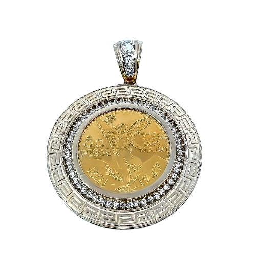 14K Yellow Gold 50 pesos coin with white sapphire bezel pendant