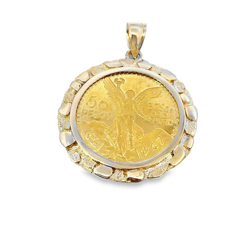 14K Yellow Gold Centenario 50 Pesos Coin With  Nugget Bezel  Pendant