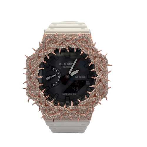 Casio G-Shock White Rose-Tone Thorn Iced Out Diamond Watch 5.50CT