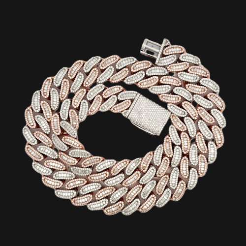 Two-Tone Rose & White Silver Moissanite Cuban Chain – 18MM | 22"