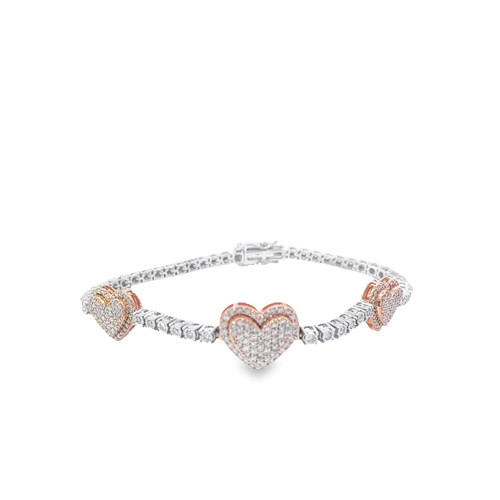 10K  White/Rose Gold Diamond Heart Bracelet 2.42ct
