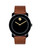 Large Movado BOLD watch, 42 mm black TR90 composite material and stainless steel case, black dial with yellow gold-toned sunray dot and hands, cognac Colorado bull hide leather strap with black tack-stitch detail and black ion-plated stainless steel buckle, K1 crystal, Swiss quartz movement, water resistant to 30 meters.

