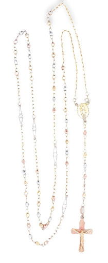 10kt Small Tricolor Rosary with Cross Necklace - Manhattan Jewelers