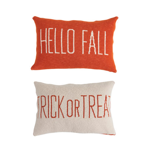 Two-Sided Knit Lumbar Pillow "Hello Fall/Trick Or Treat"