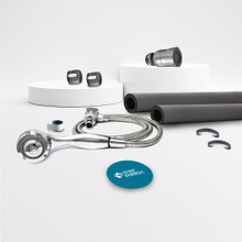 1.5 GPM Earth handheld showerhead with pipe tape, 1.5 GPM dual-spray kitchen faucet cap with aerator, two 1.0 GPM splash-free bathroom faucet caps with aerator, two three-foot lengths of water heater pipe wrap insulation with clips, and a rubber jar opener.