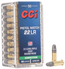 CCI Pistol Match Rimfire Ammo 22 LR, LRN, 40 Grains, 1070 fps, 50 Rnds