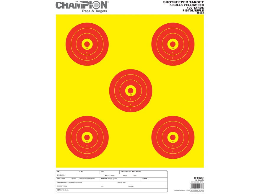 Champion ShotKeeper 5-Bull Targets, Yellow/Red Large , 12 Pack