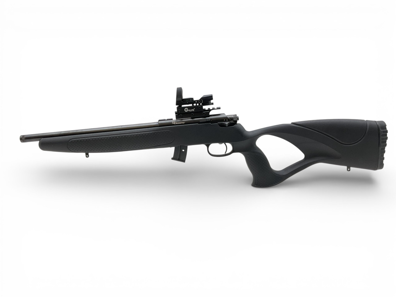 Scorpio EM332X Bolt Action Rifle .22LR 13" Threaded Barrel  Black Thumbhole Stock With V Life Red Dot