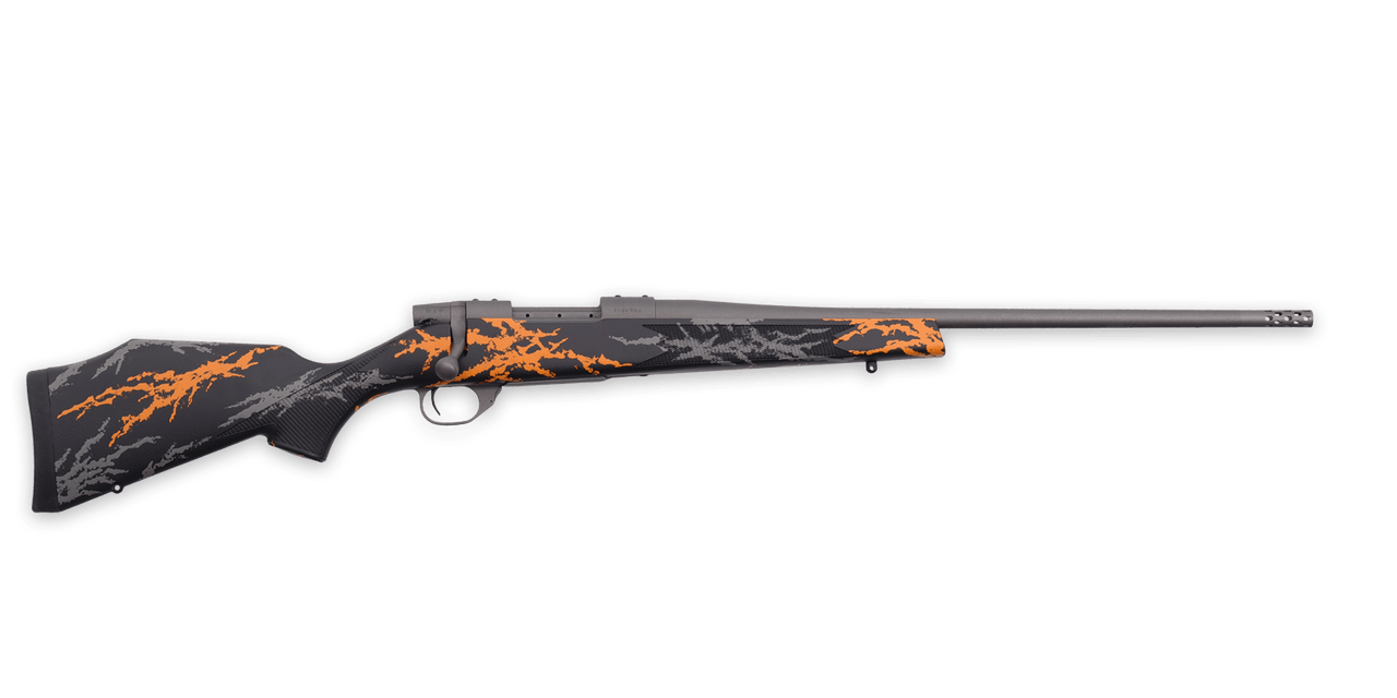 Weatherby Vanguard Compact Hunter 243 Win, 20" Barrel, Black Polymer Synthetic Stock with Orange and Grey Accents