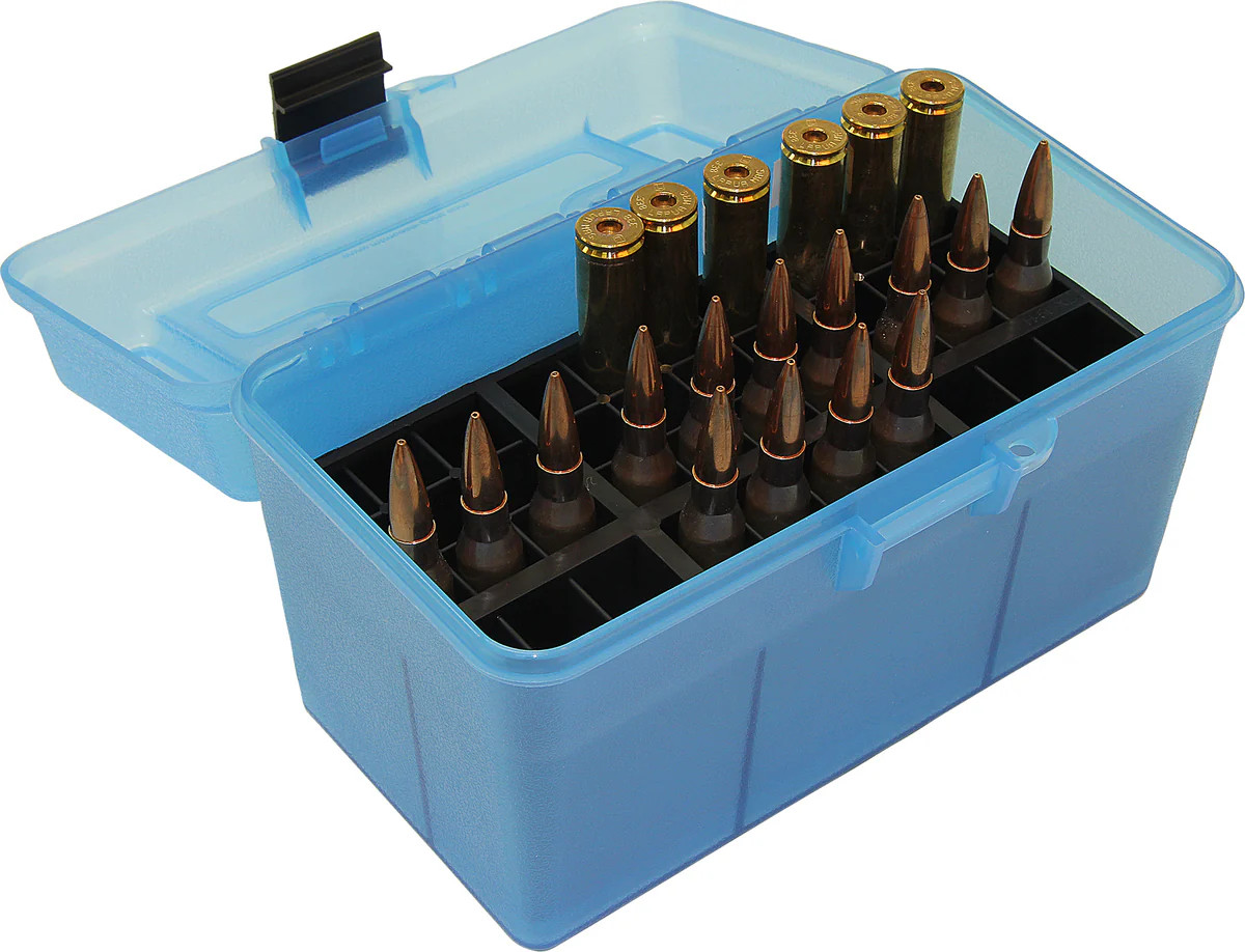 MTM Deluxe Ammo Box 50-Round, w/Handle, Clear Blue, 300 WSM 300 Rem Ultra Mag