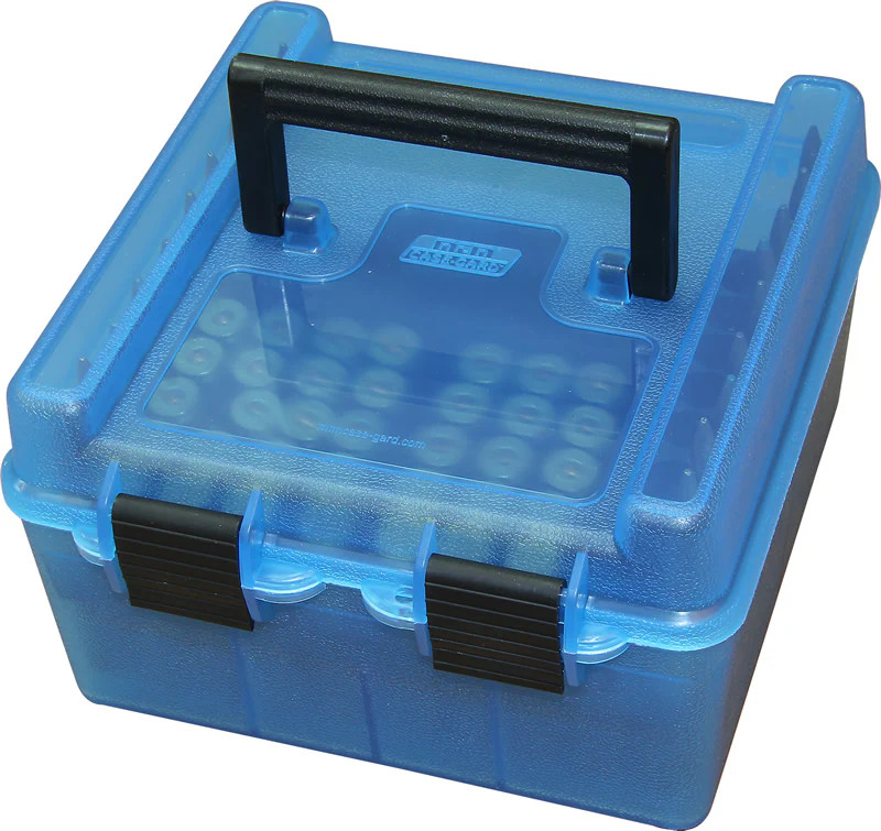 MTM Deluxe Ammo Box 100 Round Flip-Top, w/ Handle, Clear Blue, 22-250 to 458 Win