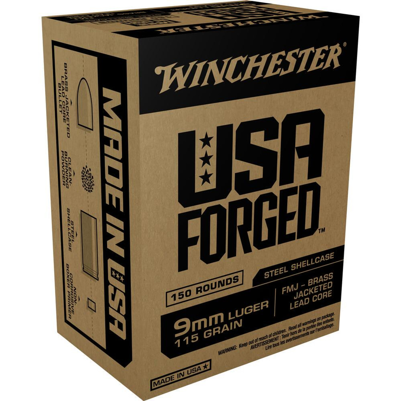Winchester USA Forge 9mm 115gr FMJ Steel Case,  150 Rds
