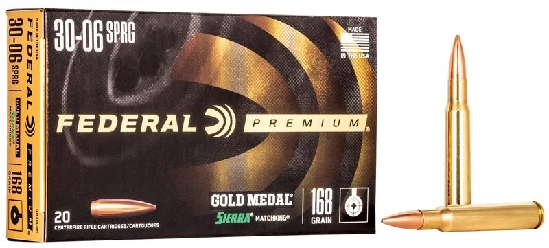 Federal Premium Gold Medal 30-06 SPRG 168 Gr Boat Tail Hollow Point, 20 Rounds
